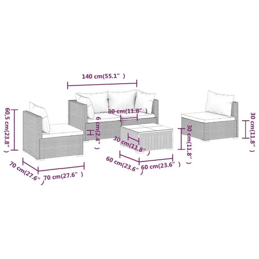 Salon de jardin 5 pcs avec coussins Résine tressée Gris - 9