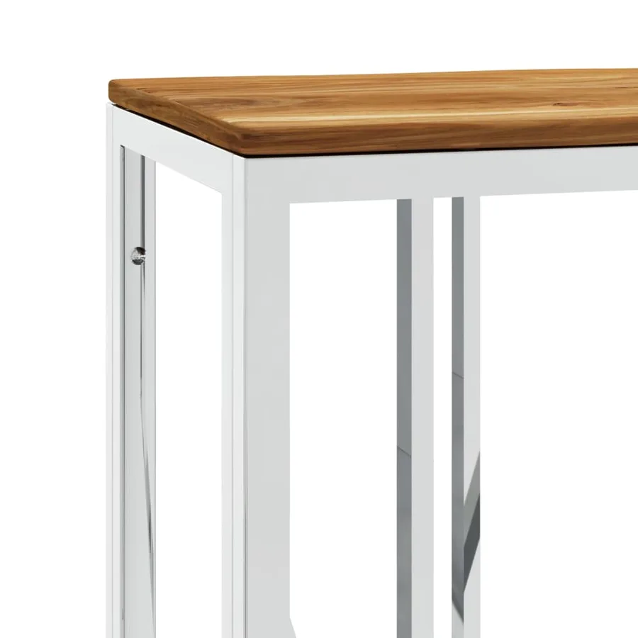 Table console argenté acier inoxydable et bois massif d'acacia - 5
