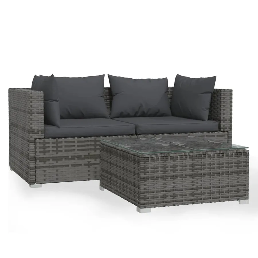 Salon de jardin 3 pcs avec coussins Gris Résine tressée - 2