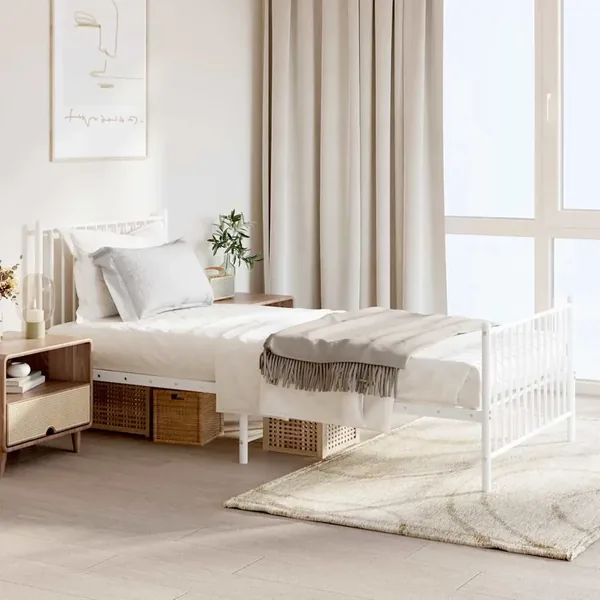 Cadre de lit métal sans matelas avec pied de lit blanc 90x200cm
