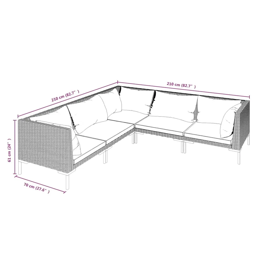 Salon de jardin 5 pcs avec coussins Résine tressée Gris foncé - 7