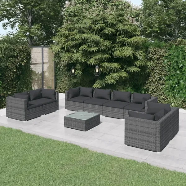 Salon de jardin 9 pcs avec coussins Résine tressée Gris