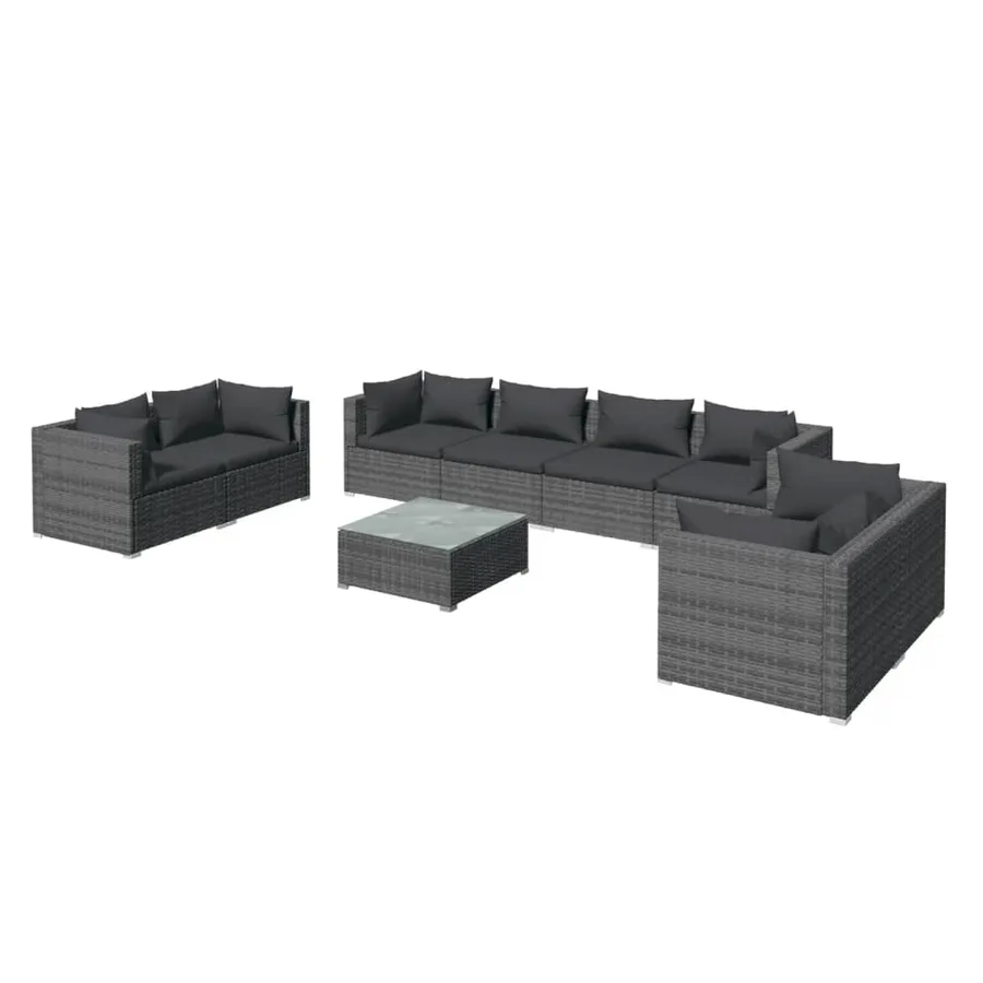 Salon de jardin 9 pcs avec coussins Résine tressée Gris - 2