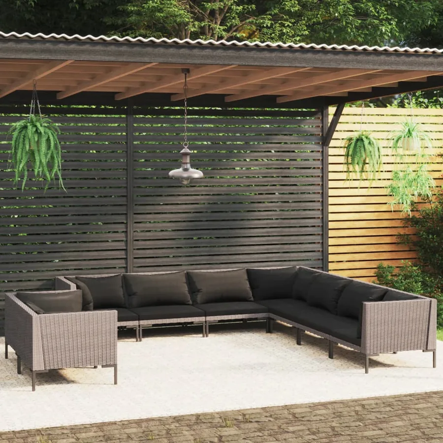 Salon de jardin 9 pcs avec coussins Résine tressée Gris foncé
