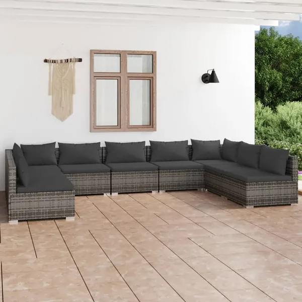 Salon de jardin 9 pcs avec coussins Résine tressée Gris
