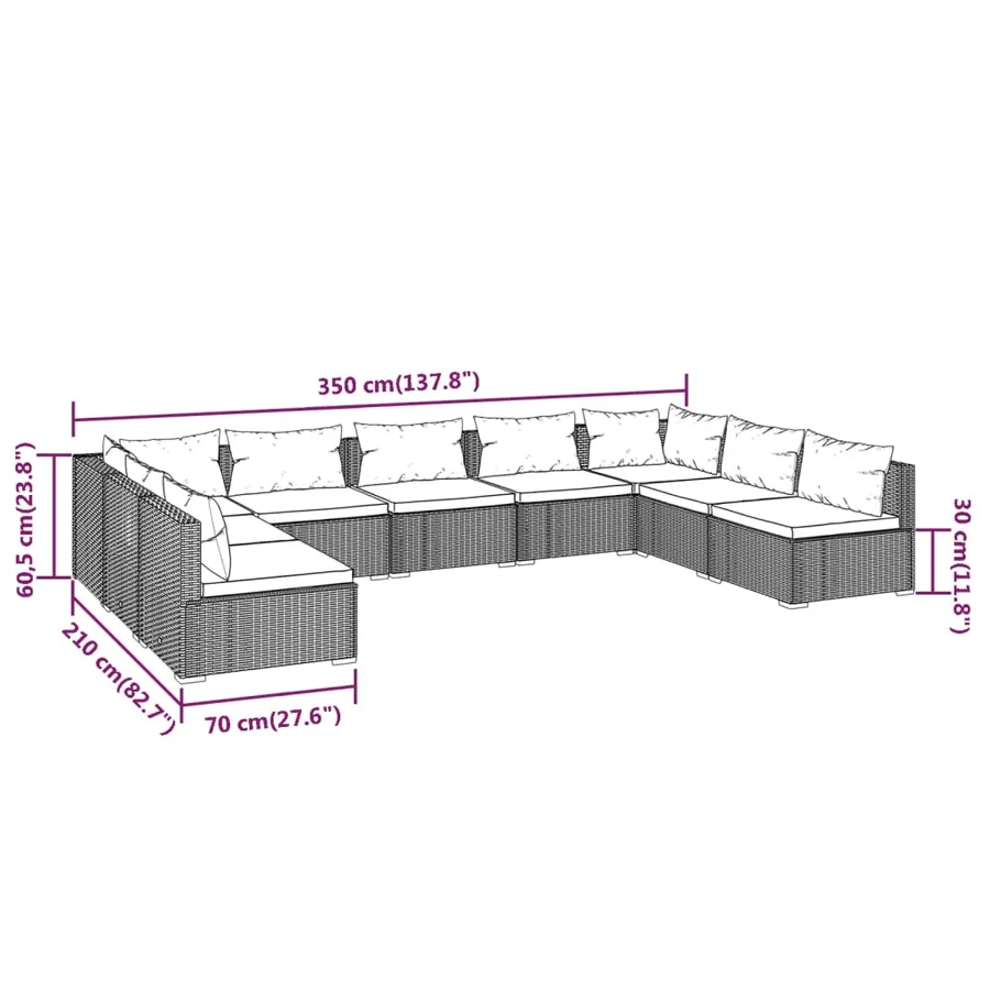 Salon de jardin 9 pcs avec coussins Résine tressée Gris - 7