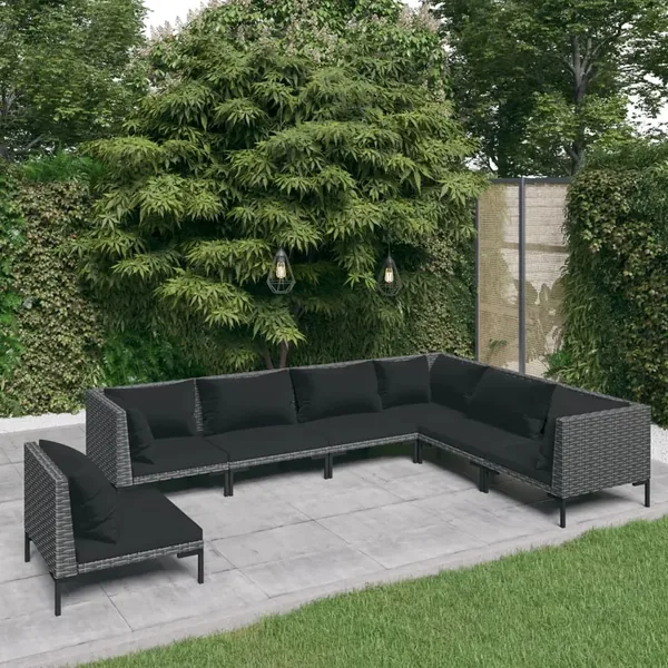 Salon de jardin 7 pcs avec coussins Résine tressée Gris foncé