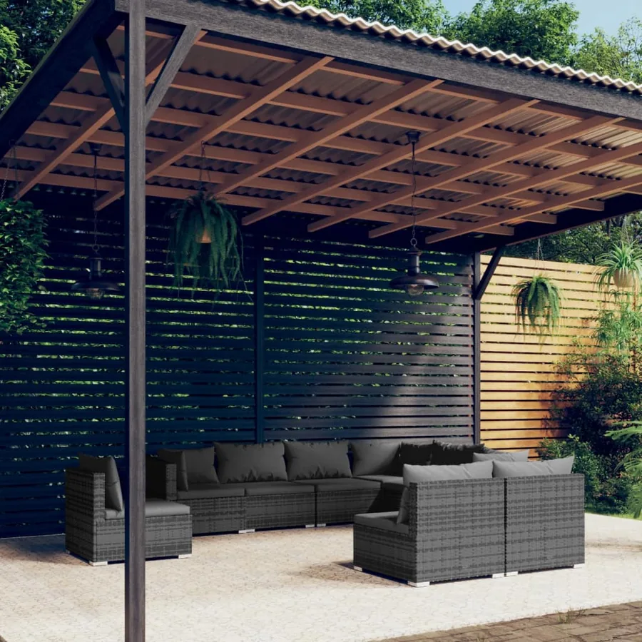Salon de jardin 9 pcs avec coussins Résine tressée Gris
