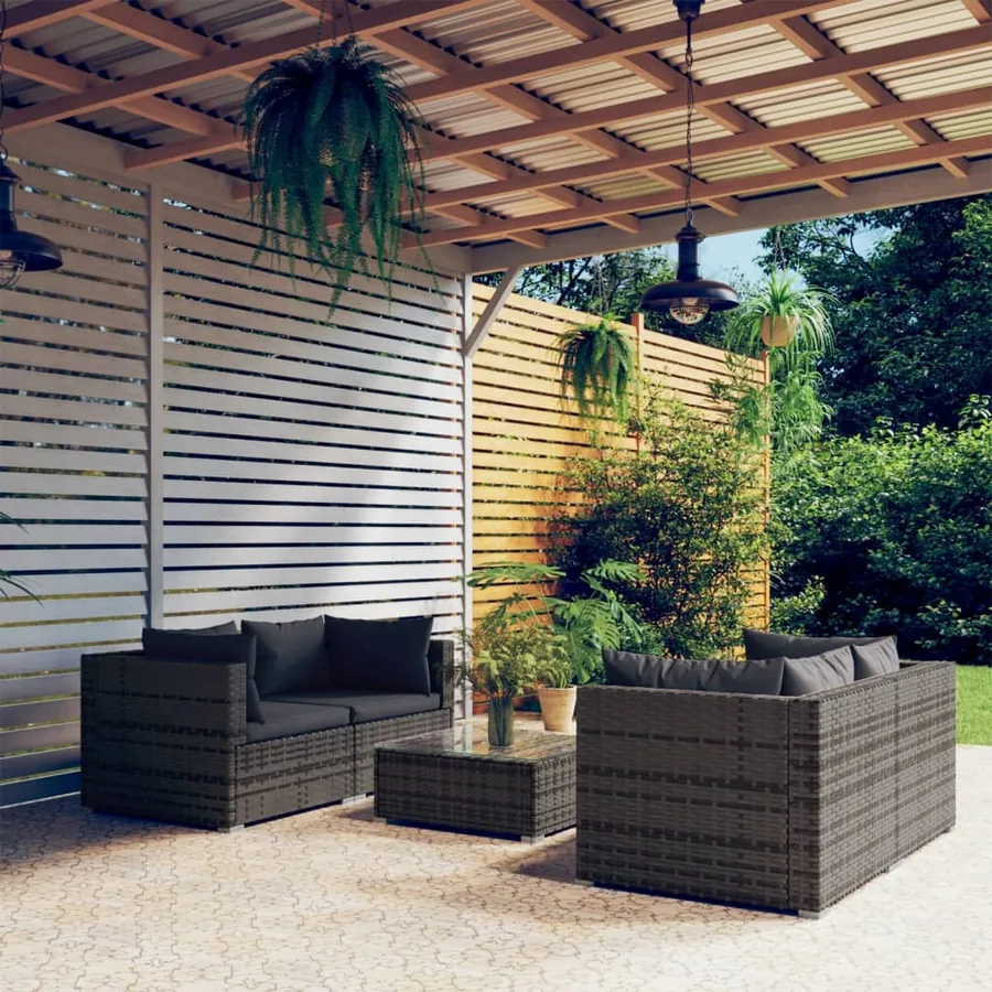 Salon de jardin 5 pcs avec coussins Résine tressée Gris