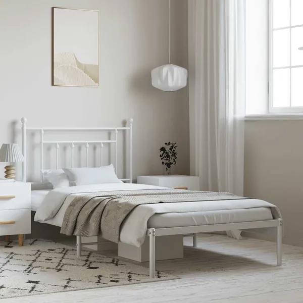Cadre de lit métal sans matelas et tête de lit blanc 100x190 cm