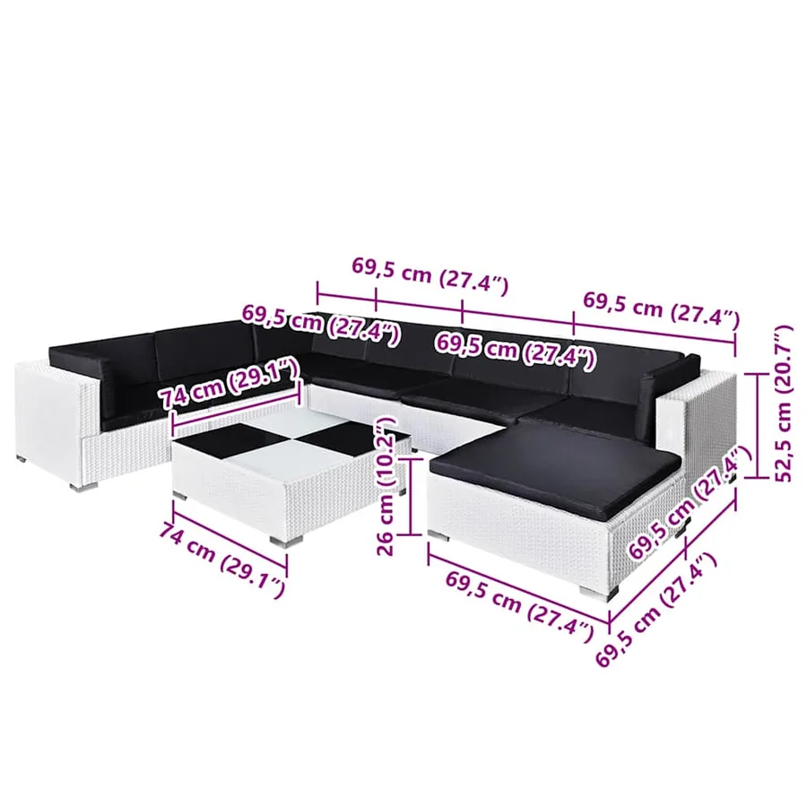 Salon de jardin 8 pcs avec coussins Résine tressée Blanc - 7