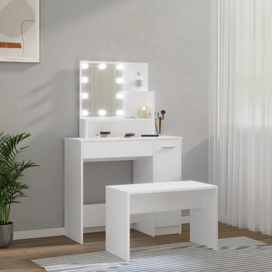 Ensemble de coiffeuse avec LED Blanc Bois d'ingénierie - 4