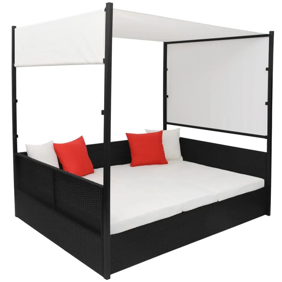 Lit de jardin avec auvent Noir 190x130 cm Résine tressée - 3