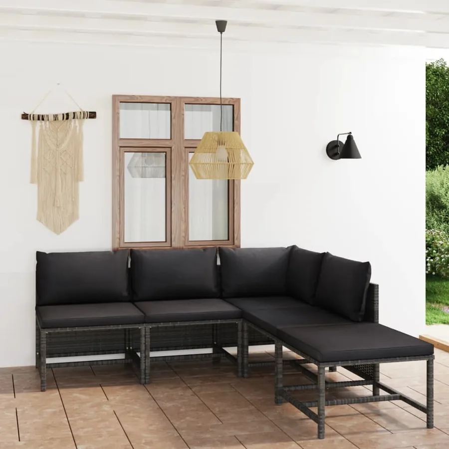 Salon de jardin 5 pcs avec coussins Résine tressée Gris