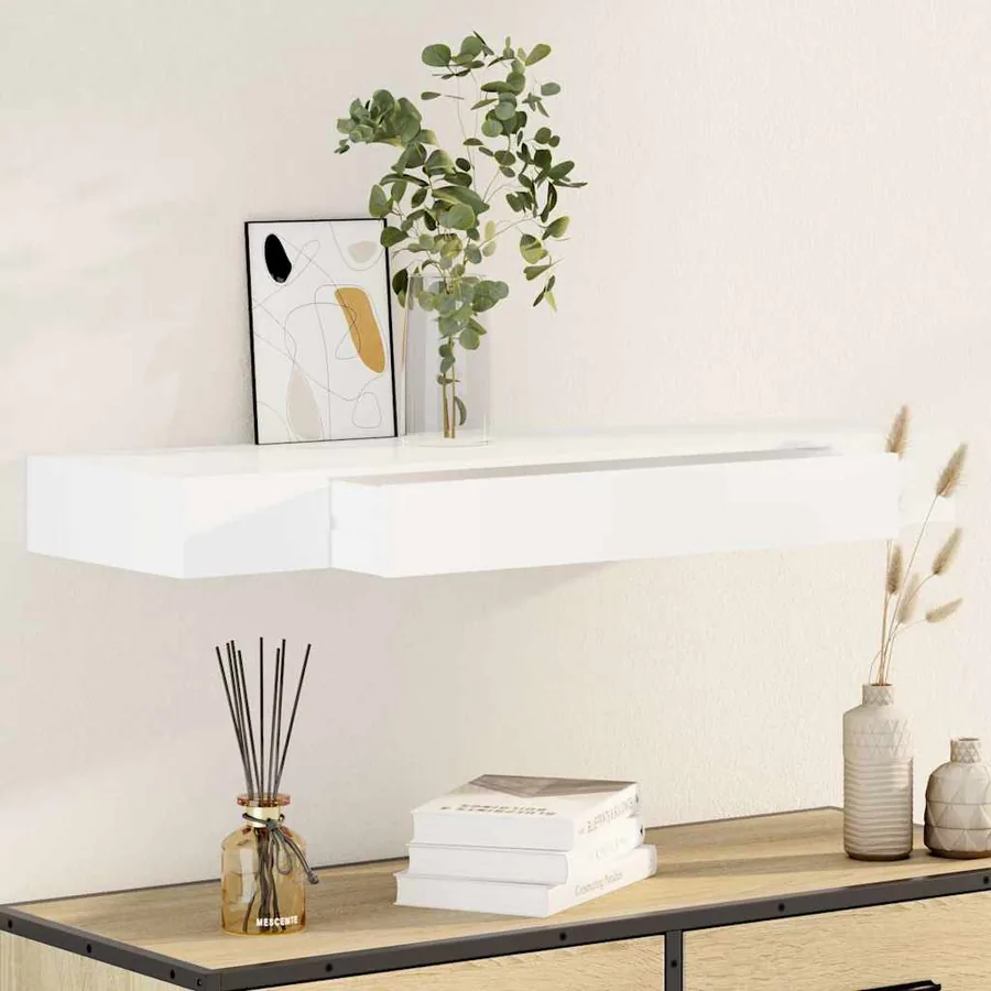 Étagère murale avec 1 tiroir MDF Blanc Rangement de livres/DVD
