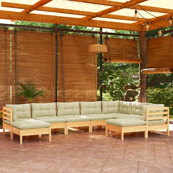 Salon de jardin 9 pcs avec coussins crème bois de pin massif