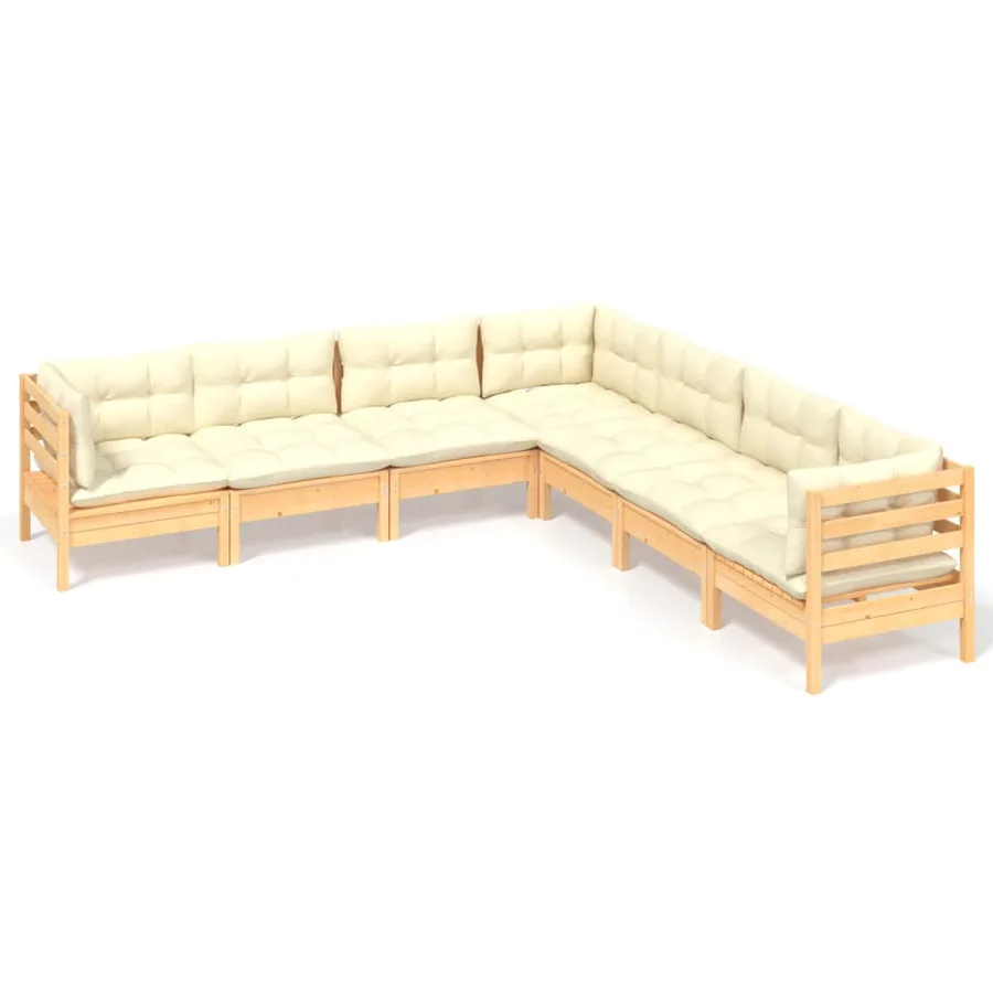 Salon de jardin 7 pcs avec coussins crème bois de pin massif - 2