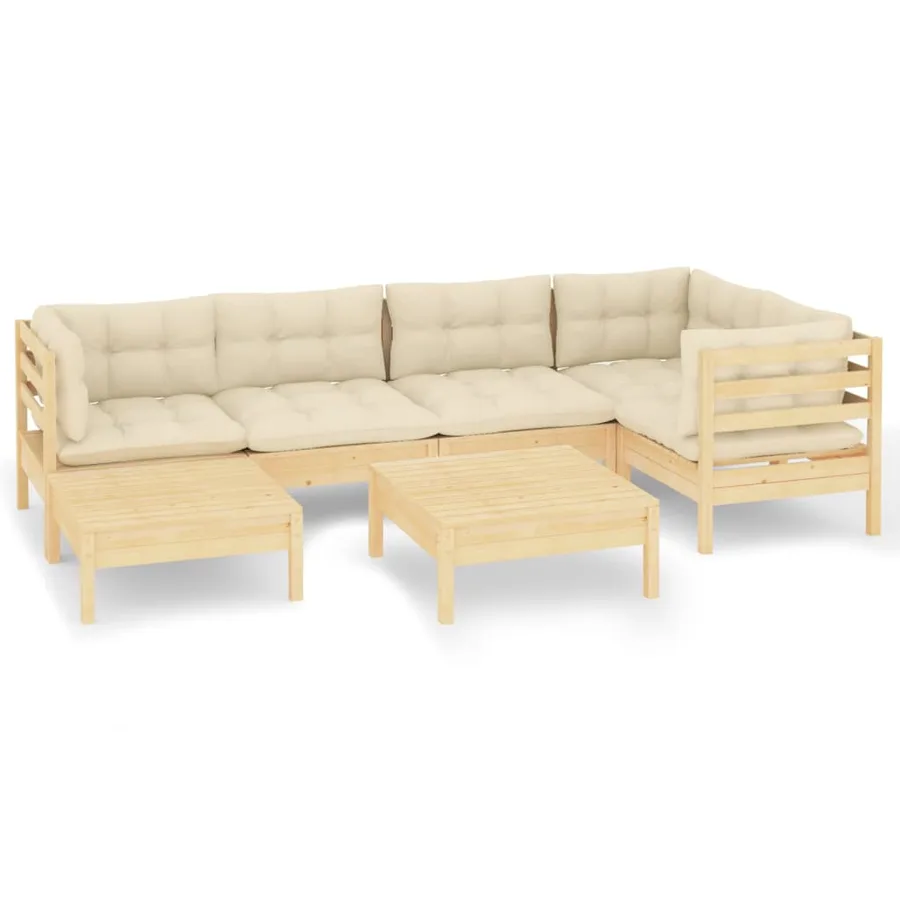Salon de jardin 7 pcs avec coussins crème bois de pin massif - 2