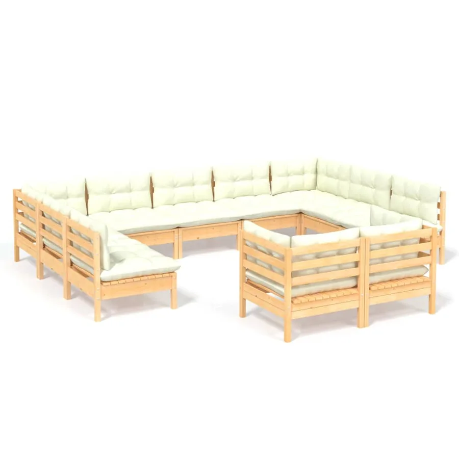Salon de jardin 11 pcs avec coussins crème Bois de pin solide - 2