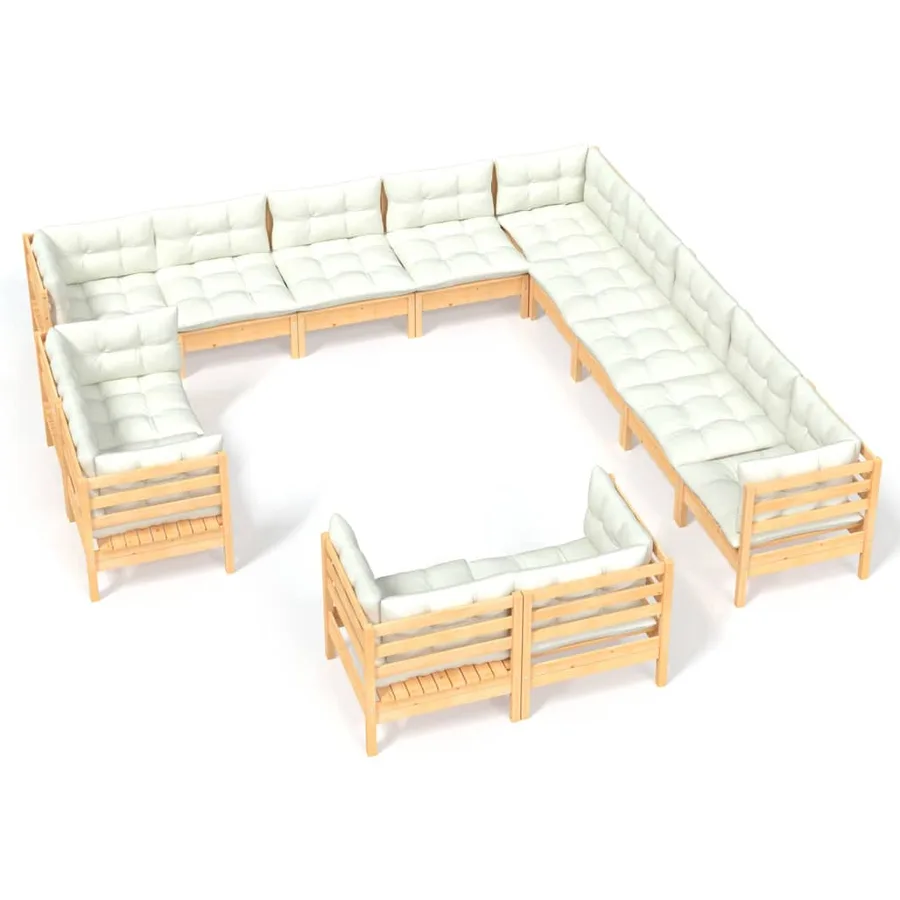 Salon de jardin 13 pcs avec coussins crème Bois de pin solide - 2