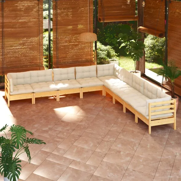 Salon de jardin 9 pcs avec coussins crème bois de pin massif