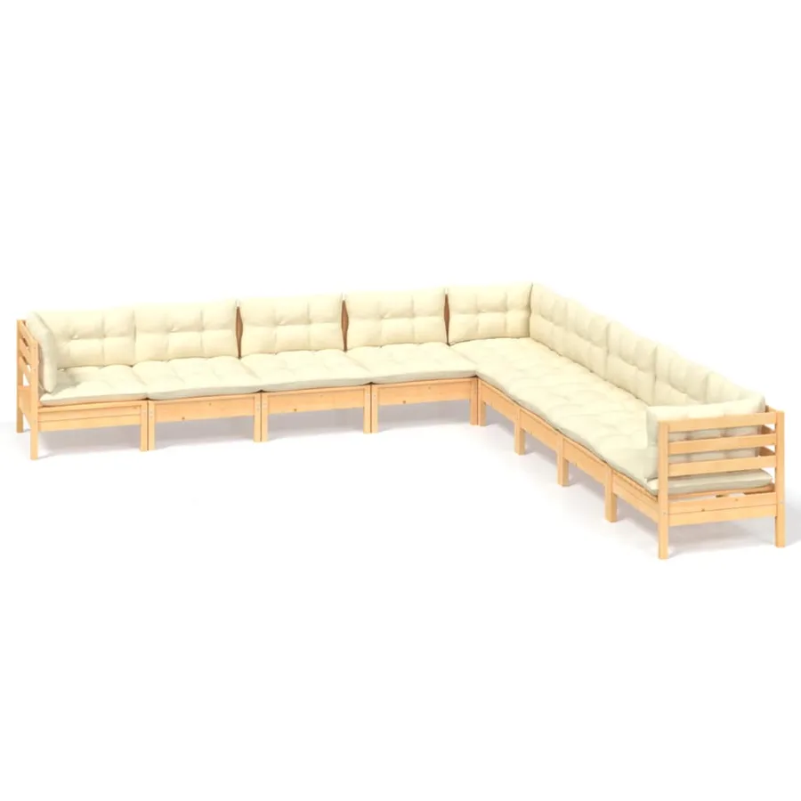 Salon de jardin 9 pcs avec coussins crème bois de pin massif - 2