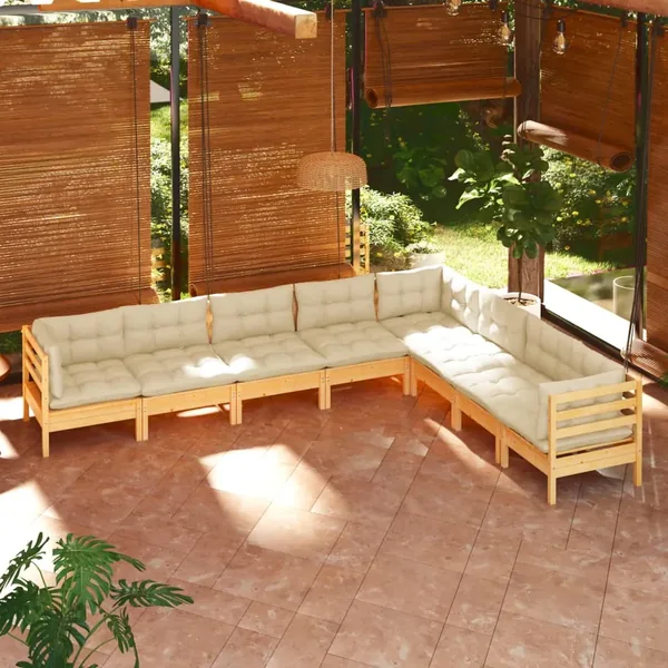 Salon de jardin 8 pcs avec coussins crème Bois de pin massif