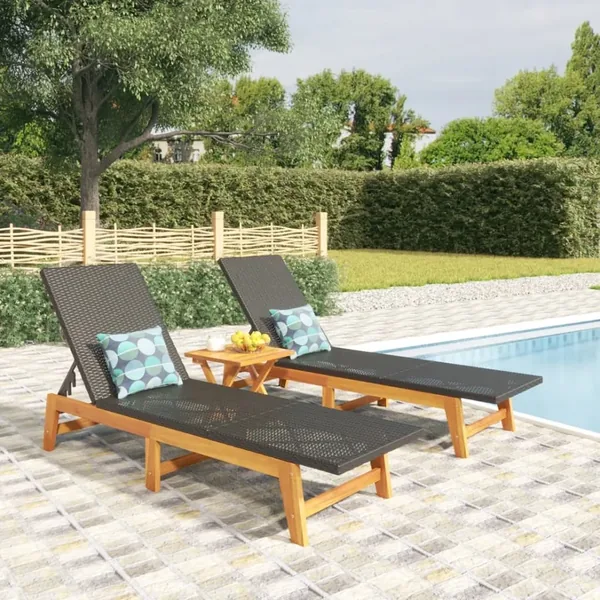 Chaises longues lot de 2 noir/marron résine tressée/bois acacia