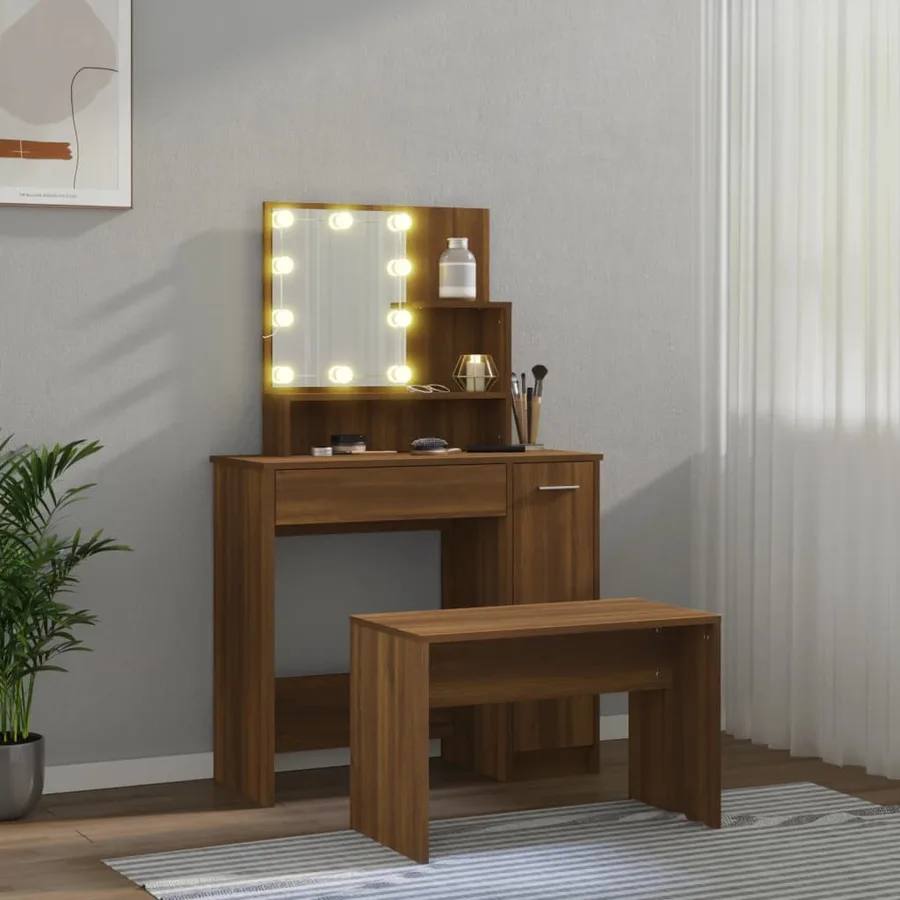 Ensemble de coiffeuse avec LED Chêne marron Bois d'ingénierie - 3