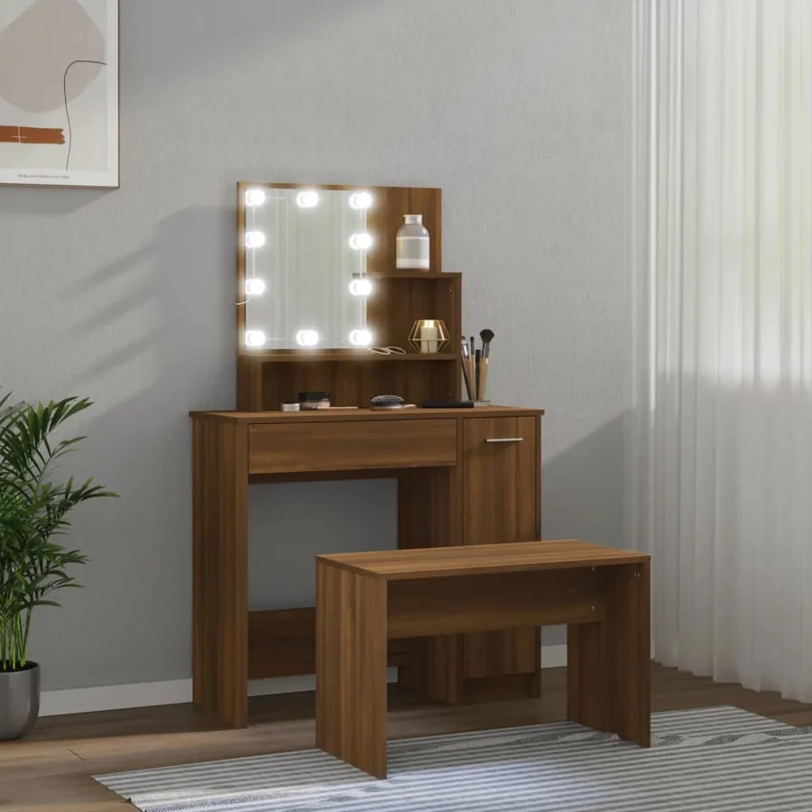 Ensemble de coiffeuse avec LED Chêne marron Bois d'ingénierie - 4