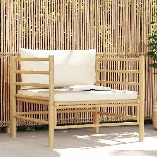 Canapé de jardin avec coussins blanc crème Bambou