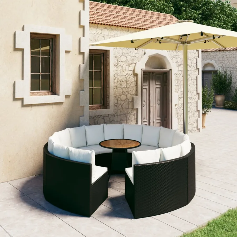 Salon de jardin 9 pcs avec coussins Résine tressée Noir
