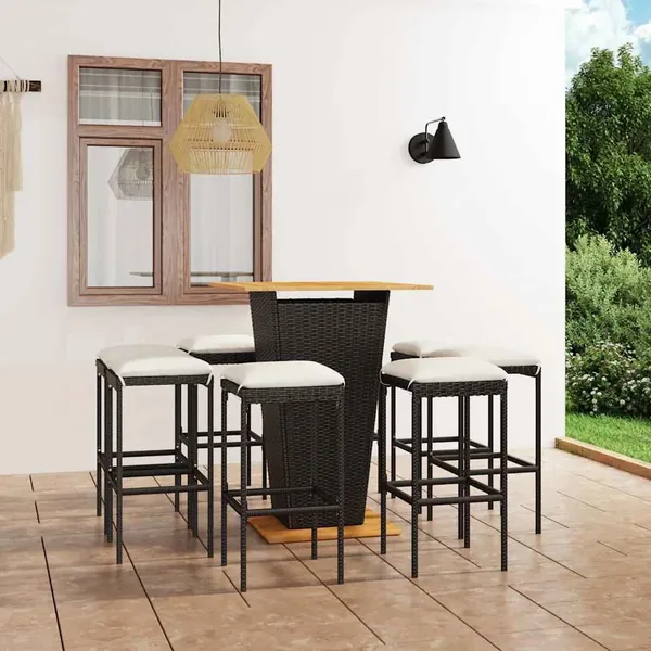 Ensemble de bar de jardin 9 pcs et coussins Résine tressée Noir