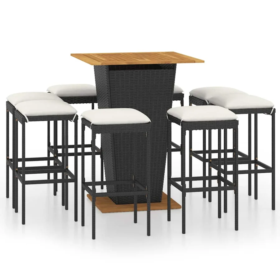 Ensemble de bar de jardin 9 pcs et coussins Résine tressée Noir - 2