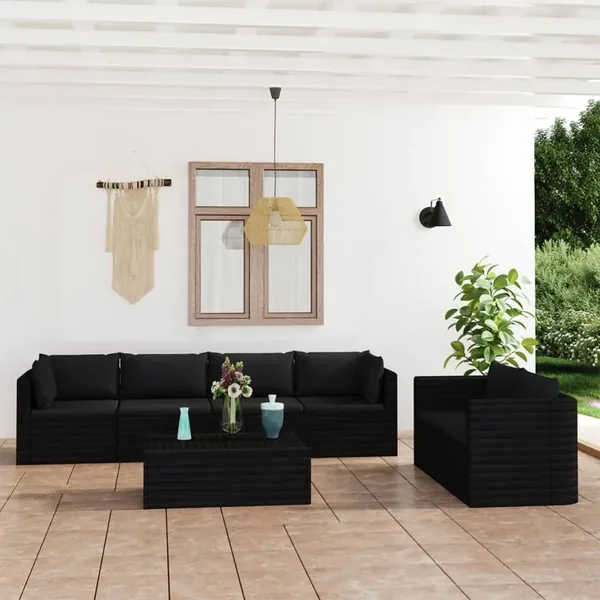 Salon de jardin 7 pcs avec coussins Résine tressée Noir
