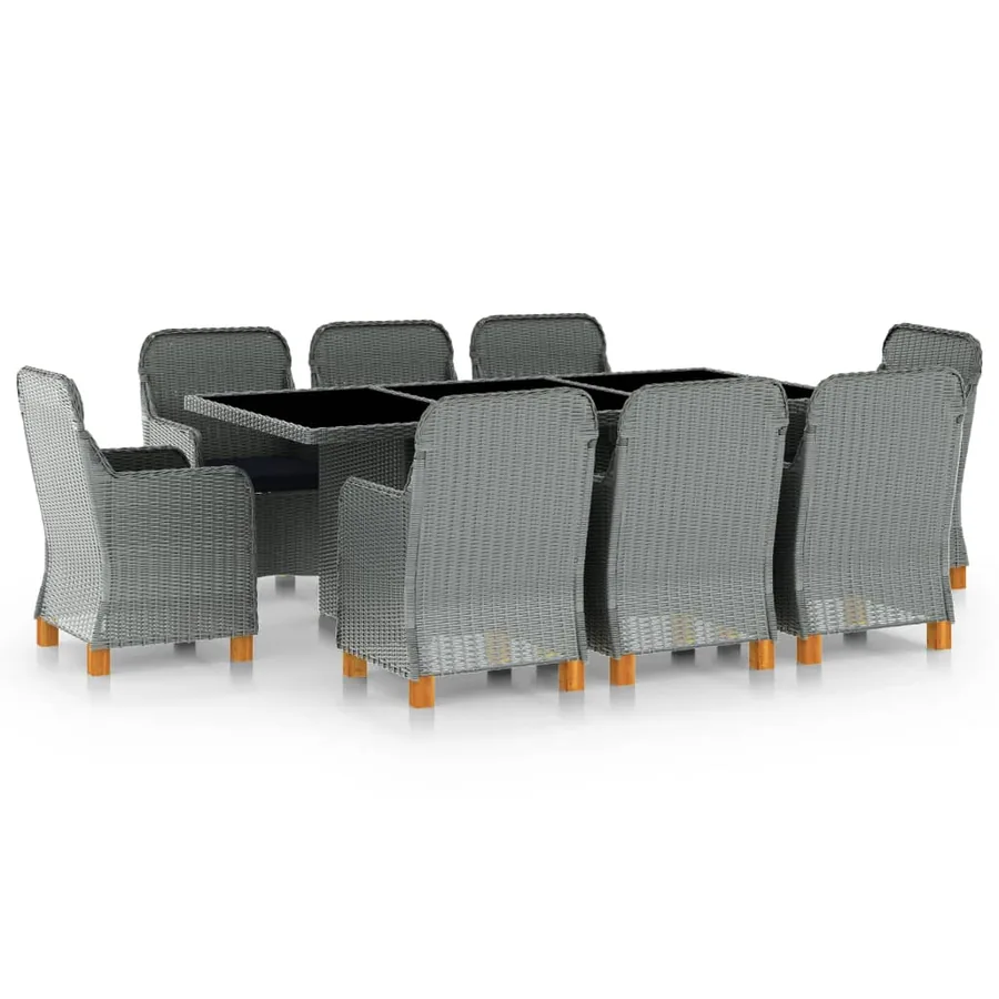 Ensemble à manger d'extérieur et coussins 9 pcs résine tressée