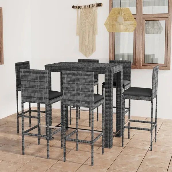 Ensemble de bar d'extérieur 7 pcs coussins Résine tressée Gris