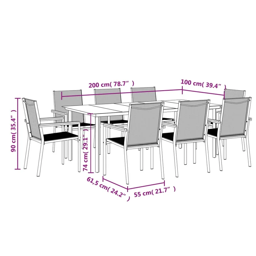 Ensemble à manger de jardin 9 pcs noir textilène et acier - 9