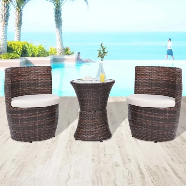 Mobilier de bistro 3 pcs avec coussins Résine tressée Marron