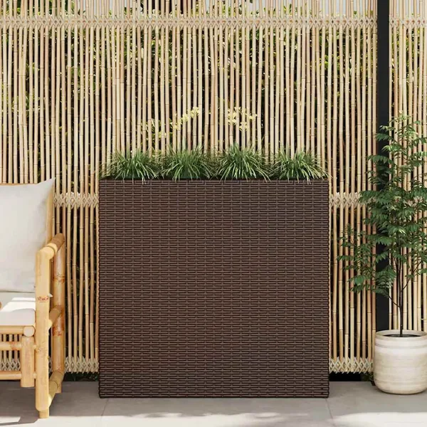 Lit surélevé de jardin avec 4 pots Résine tressée Marron