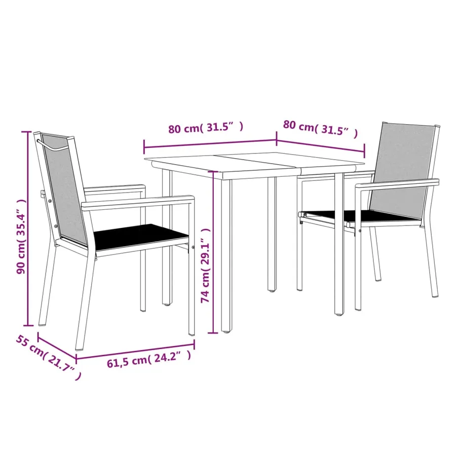 Ensemble à manger de jardin 3 pcs noir textilène et acier - 9
