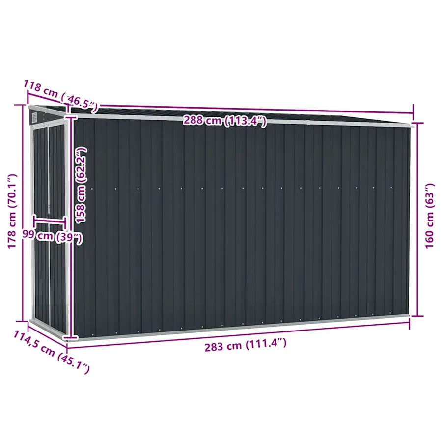 Abri de jardin mural Anthracite 118x288x178 cm Acier - 7