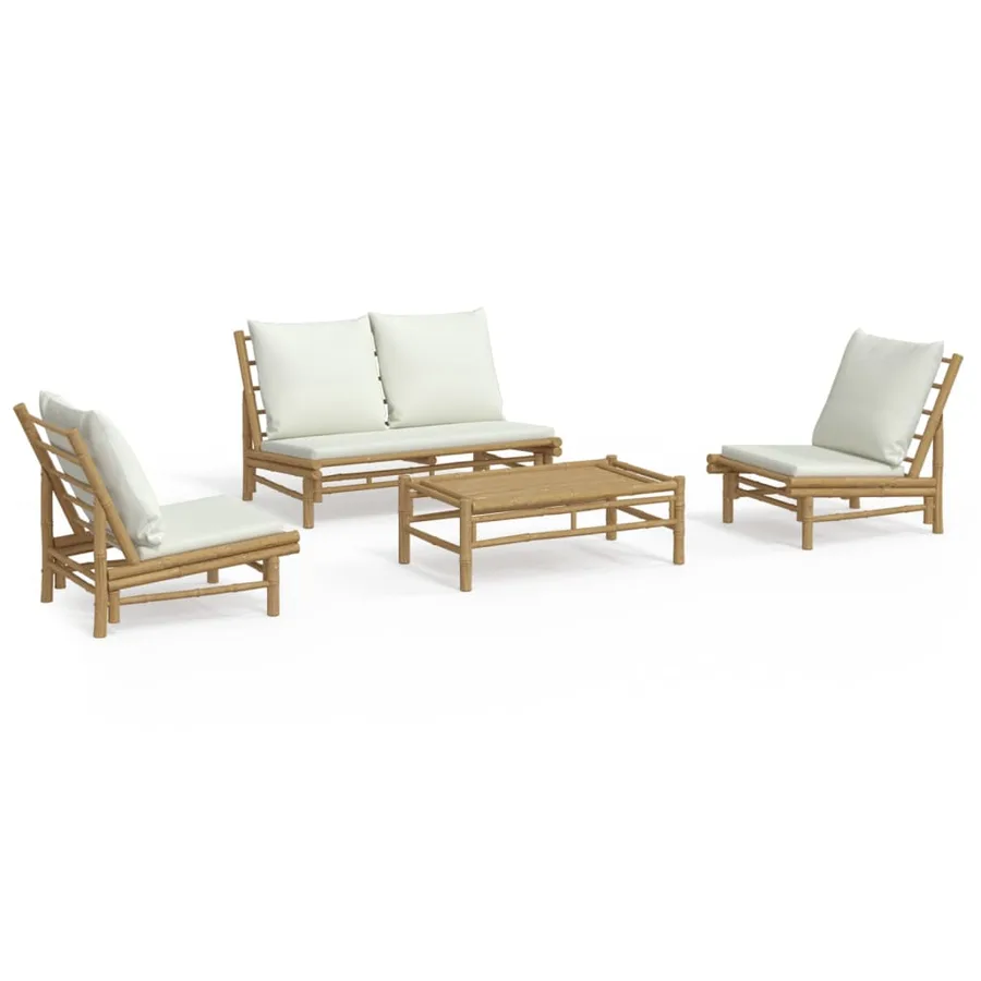 Salon de jardin 4 pcs avec coussins blanc crème bambou - 2