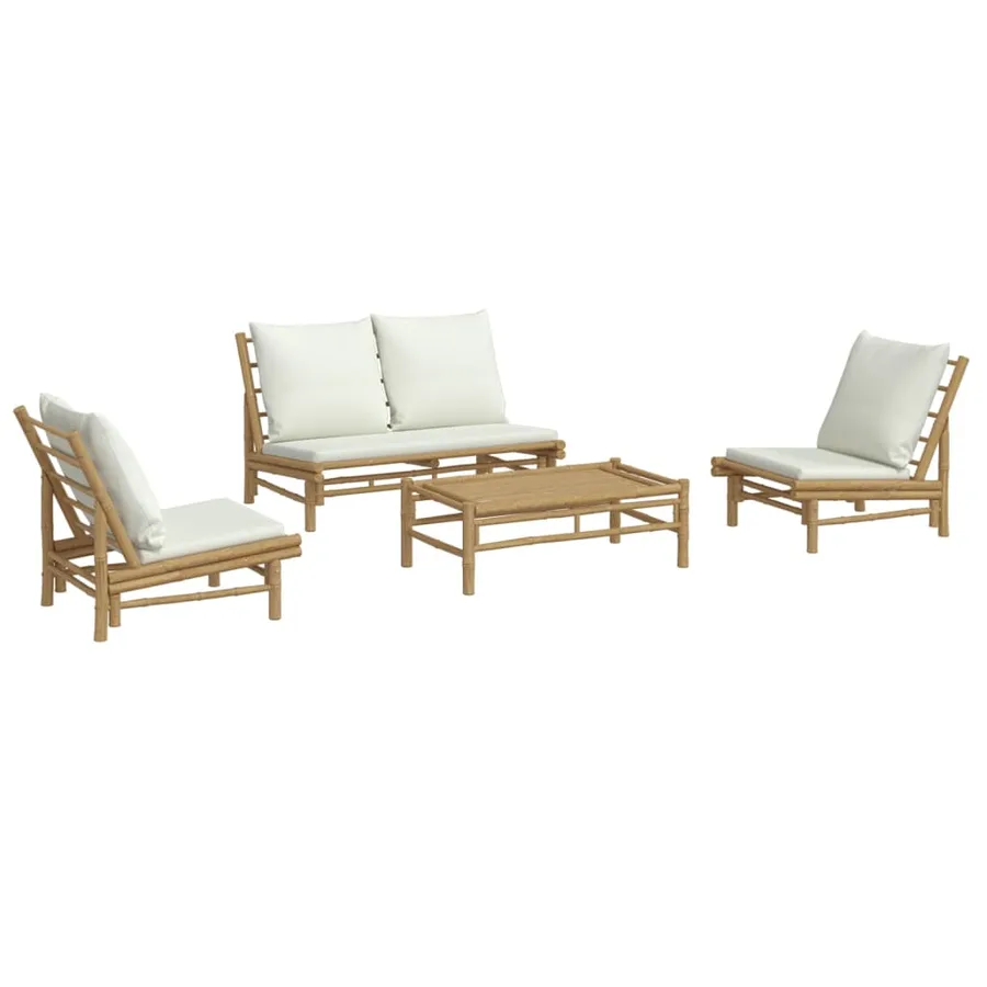 Salon de jardin 4 pcs avec coussins blanc crème bambou - 3