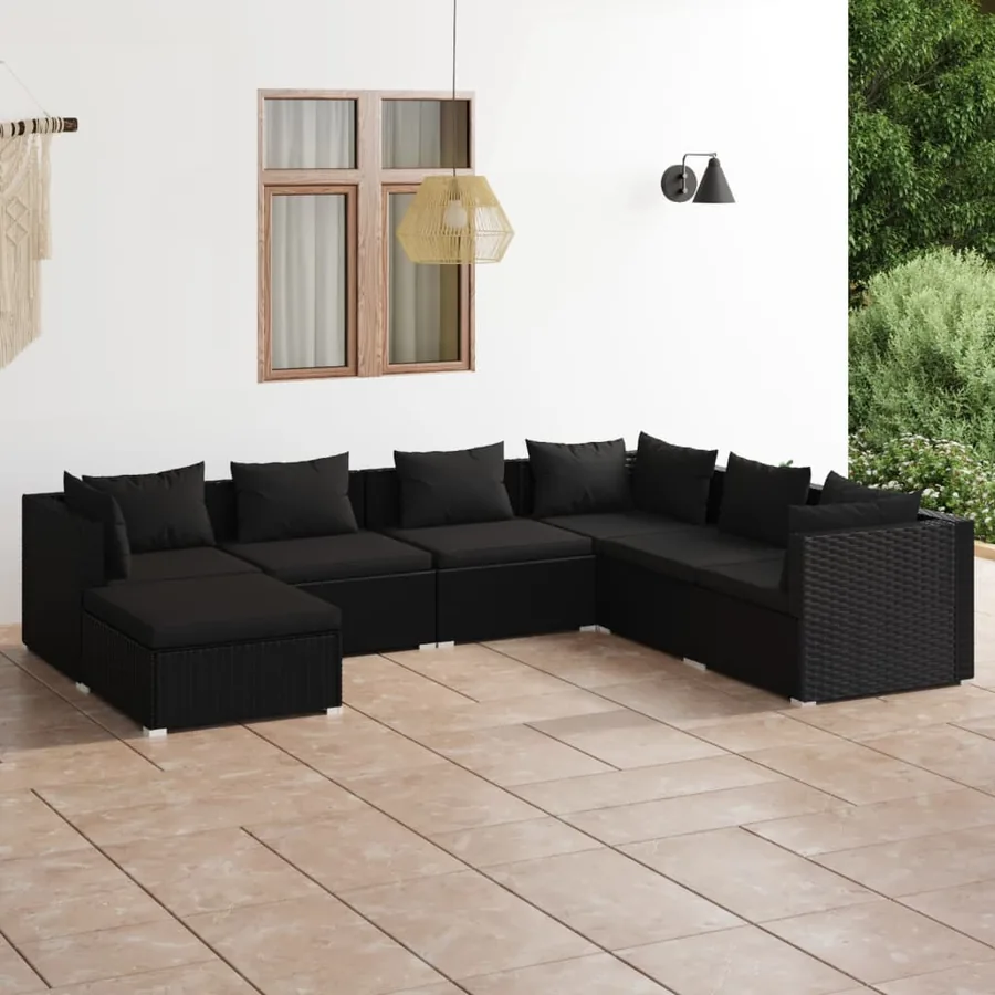 Salon de jardin 7 pcs avec coussins Résine tressée Noir