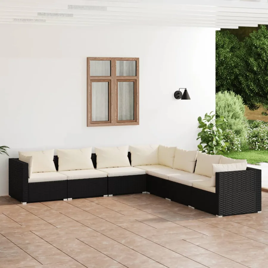 Salon de jardin 7 pcs avec coussins Résine tressée Noir