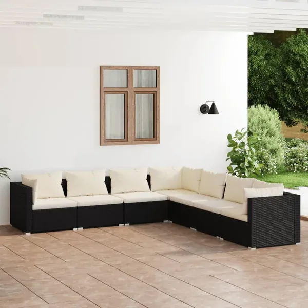 Salon de jardin 7 pcs avec coussins Résine tressée Noir