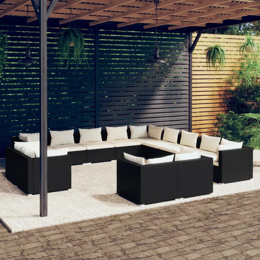 Salon de jardin 13 pcs avec coussins Noir Résine tressée
