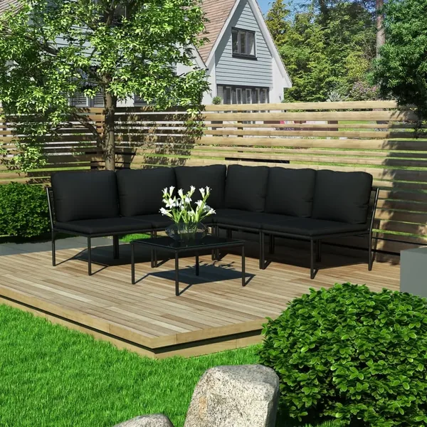 Salon de jardin 6 pcs avec coussins Noir PVC