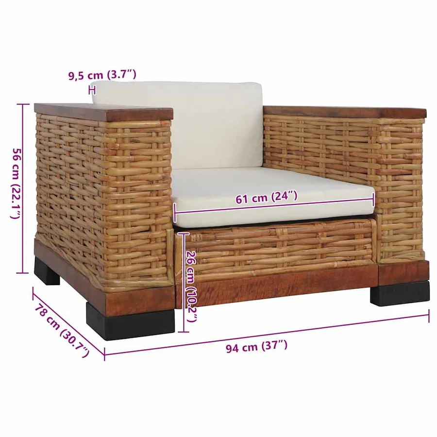 Fauteuil avec coussins Marron Rotin naturel - 9